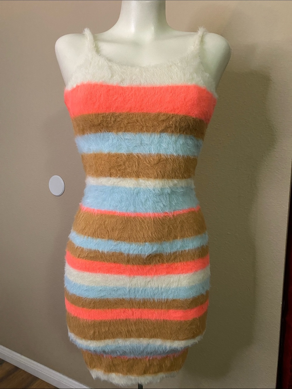 Hot & Delicious Fuzzy mohair look Striped boho festival tank Dress L 💕💕